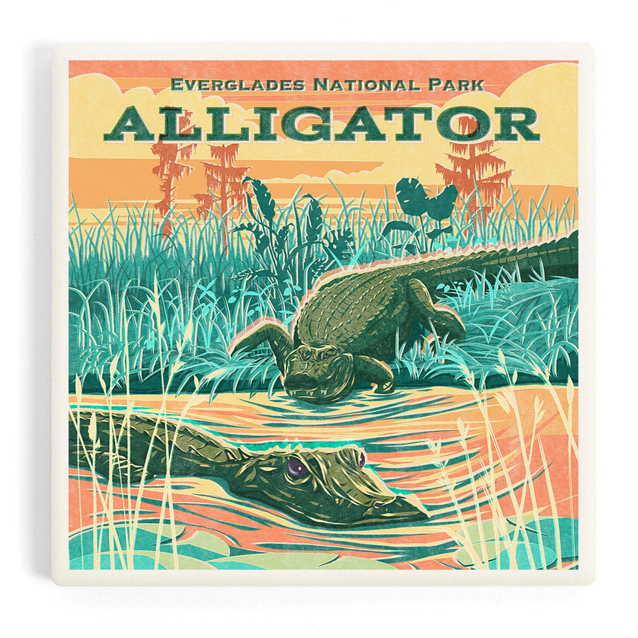 Everglades National Park, Florida, Alligator Vintage Print Press, Coasters Coasters Lantern Press 