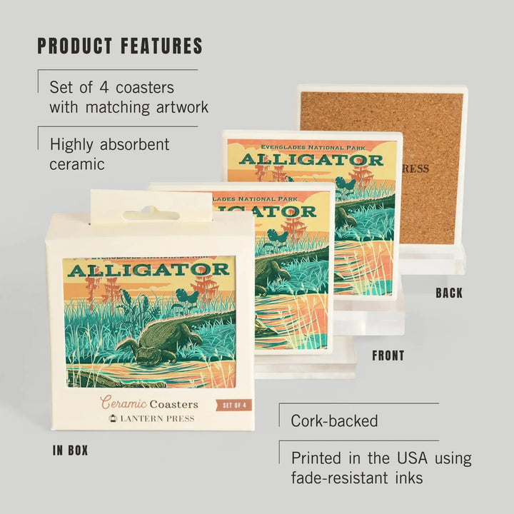 Everglades National Park, Florida, Alligator Vintage Print Press, Coasters Coasters Lantern Press 