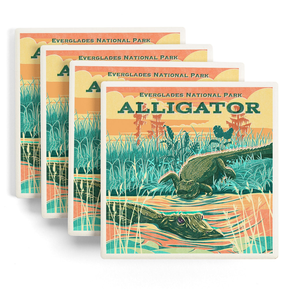Everglades National Park, Florida, Alligator Vintage Print Press, Coasters Coasters Lantern Press 