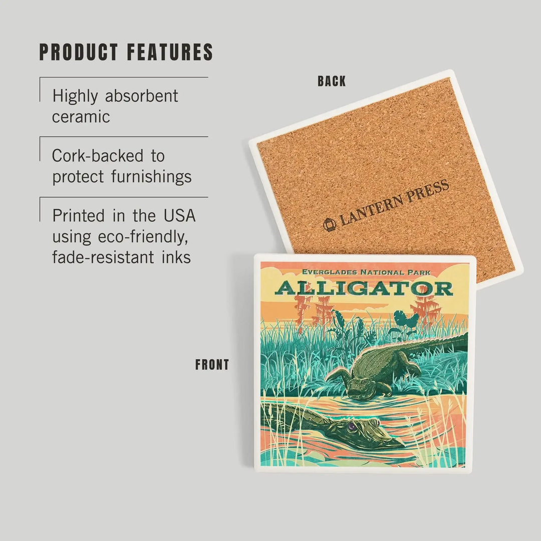 Everglades National Park, Florida, Alligator Vintage Print Press, Coasters Coasters Lantern Press 