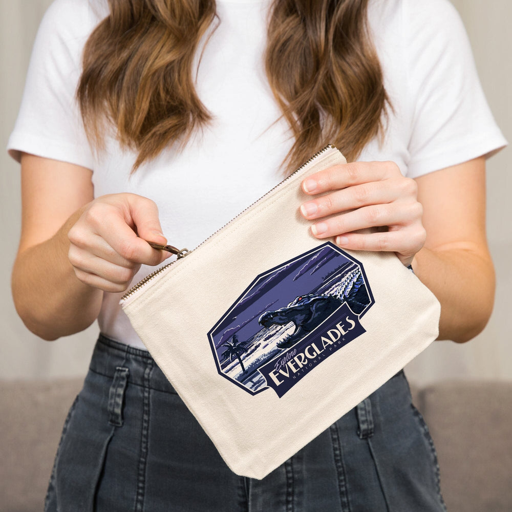 Everglades National Park, Florida, Crocodile at Night, Painterly Series,, Organic Cotton Zipper Pouch, Go Bag Go Bag Lantern Press 
