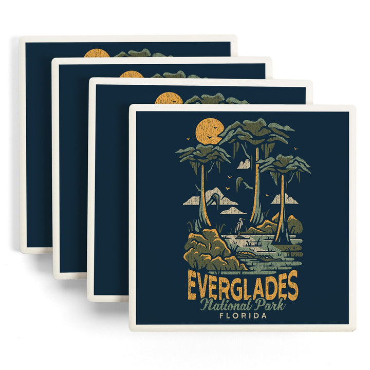 Everglades National Park, Florida, Distress Vector Shapes, Lantern Press Artwork, Coaster Set - Lantern Press