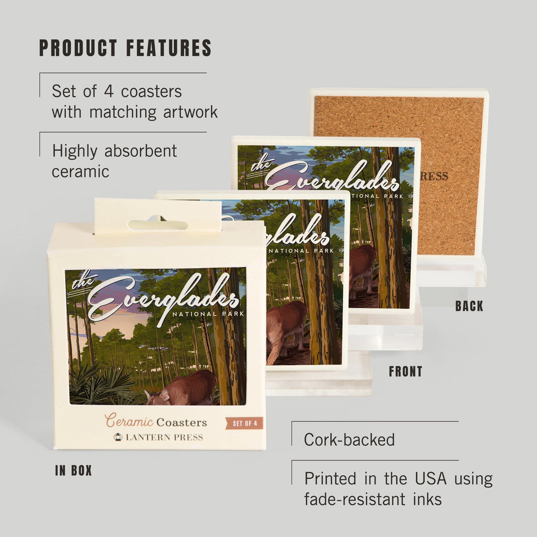 Everglades National Park, Florida, Panther and Pinelands, Painterly Series, Coasters Coasters Lantern Press 