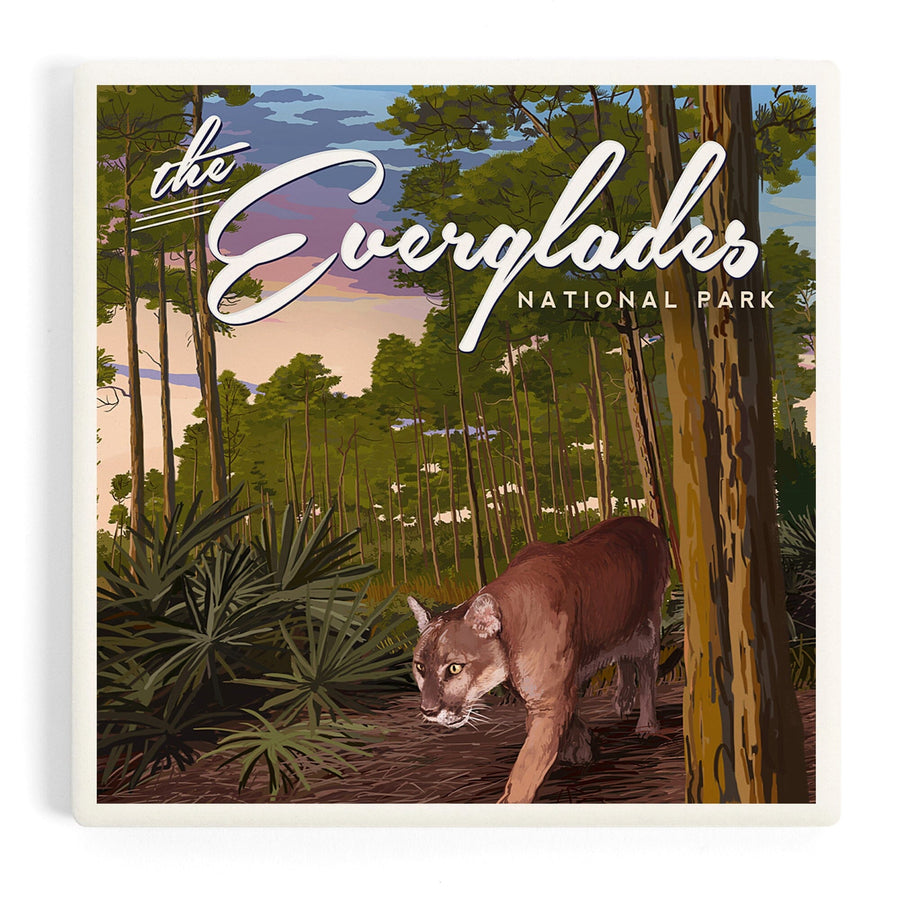 Everglades National Park, Florida, Panther and Pinelands, Painterly Series, Coasters Coasters Lantern Press 