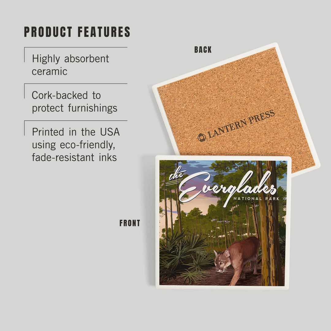 Everglades National Park, Florida, Panther and Pinelands, Painterly Series, Coasters Coasters Lantern Press 