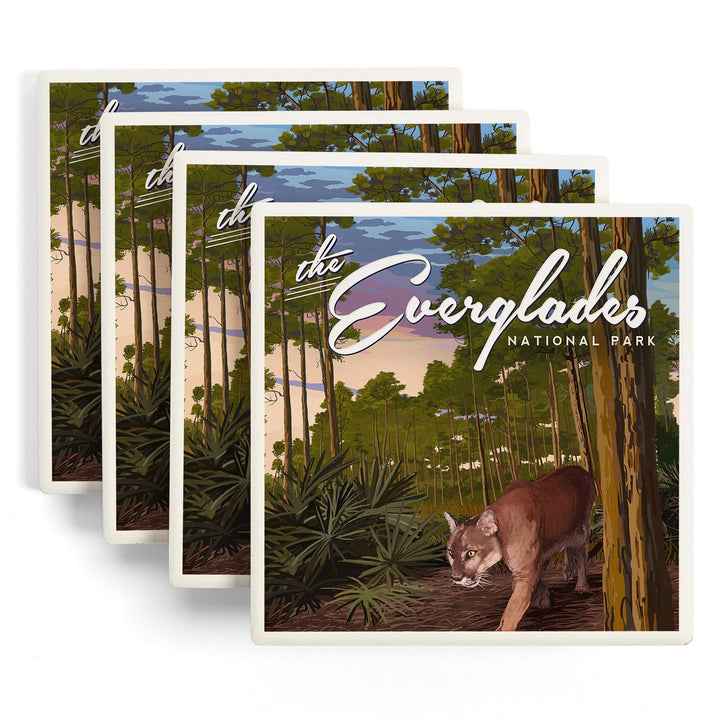 Everglades National Park, Florida, Panther & Pinelands, Painterly National Park Series, Lantern Press Artwork, Coaster Set - Lantern Press