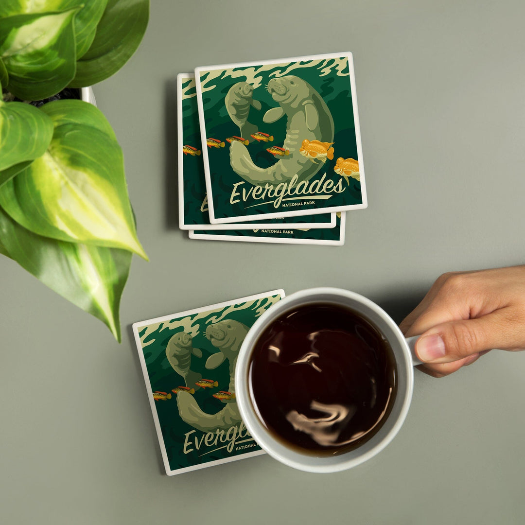 Everglades National Park, Manatee and Calf Swimming, Coasters Coasters Lantern Press 