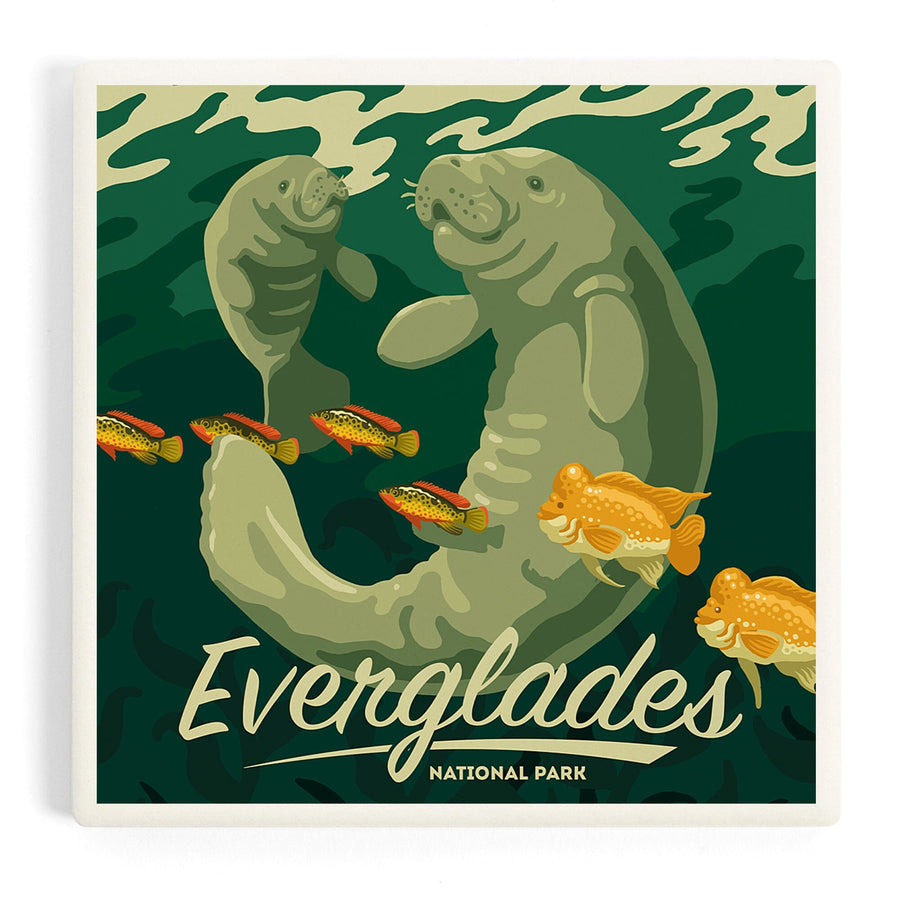Everglades National Park, Manatee and Calf Swimming, Coasters Coasters Lantern Press 