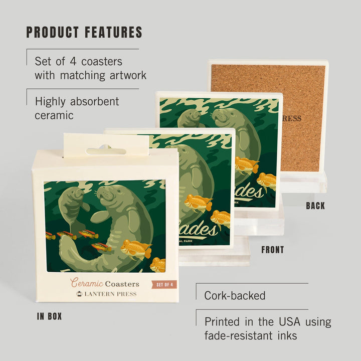 Everglades National Park, Manatee and Calf Swimming, Coasters Coasters Lantern Press 