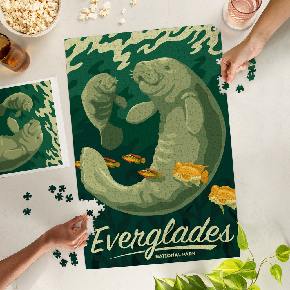 Everglades National Park, Manatee and Calf Swimming, Jigsaw Puzzle Puzzle Lantern Press 