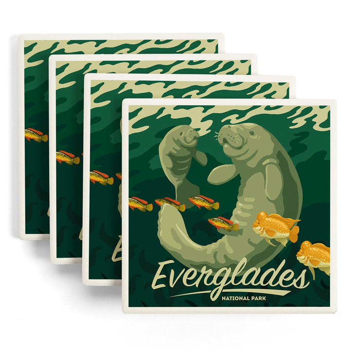 Everglades National Park, Manatee and Calf Swimming, Lantern Press Artwork, Coaster Set - Lantern Press