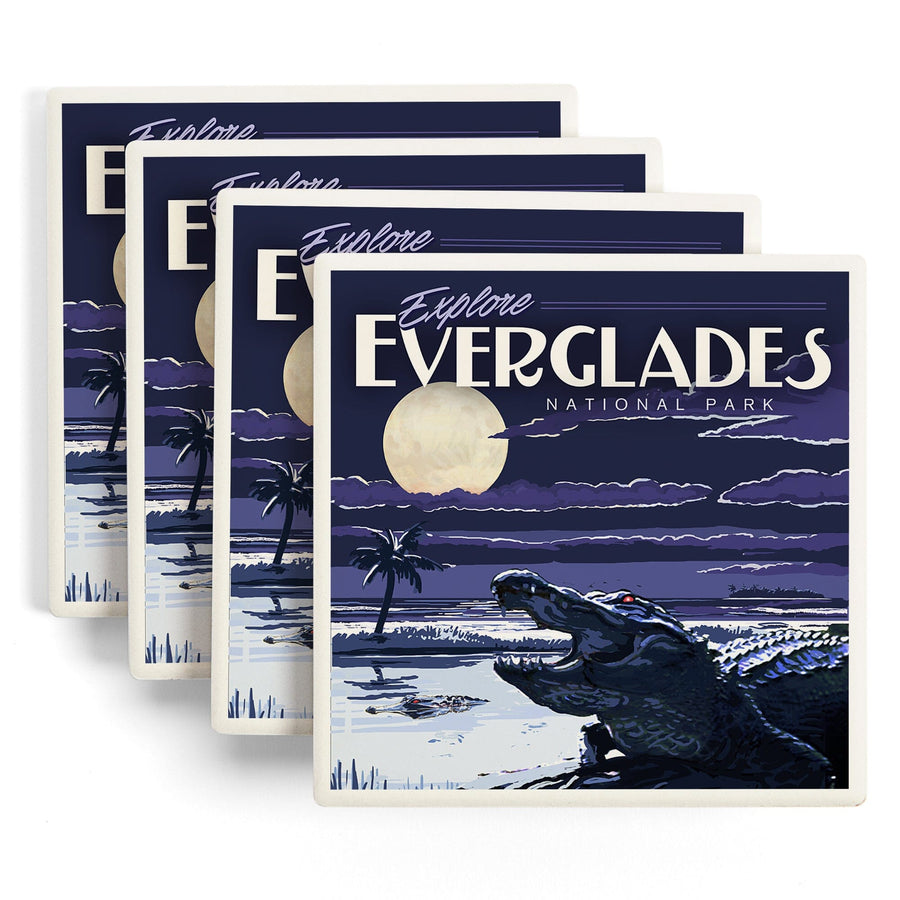 Everglades National Park, Night Alligator, Painterly National Park Series, Lantern Press Artwork, Coaster Set - Lantern Press