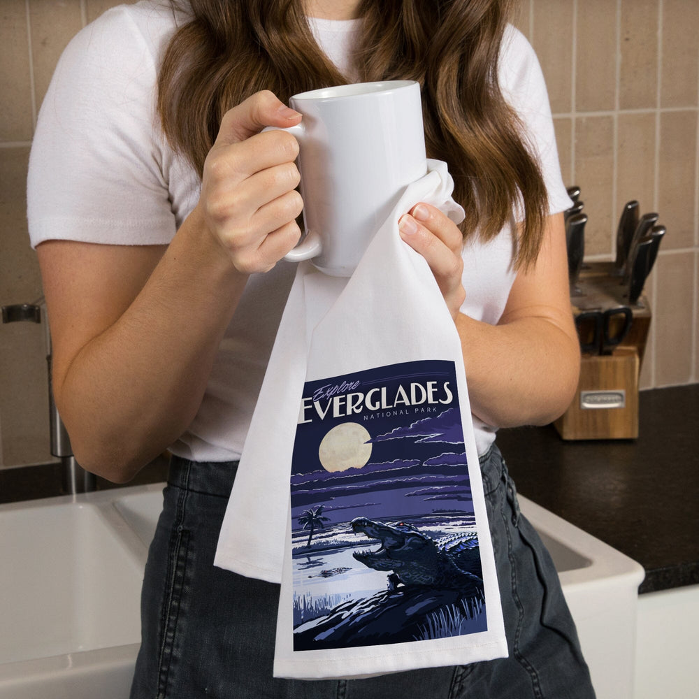 Everglades National Park, Night Alligator, Painterly Series, Organic Cotton Kitchen Tea Towels Kitchen Lantern Press 
