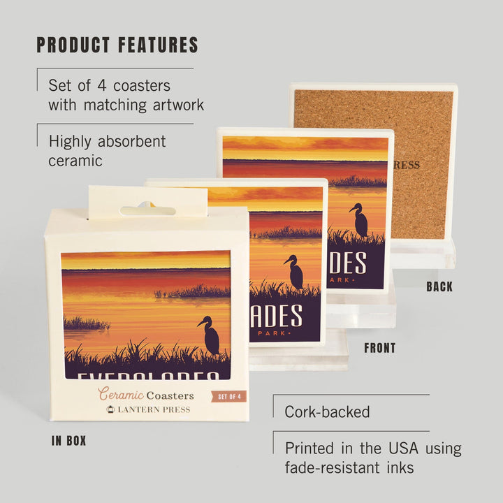 Everglades National Park, Sunset, Lantern Press Artwork, Coaster Set - Lantern Press