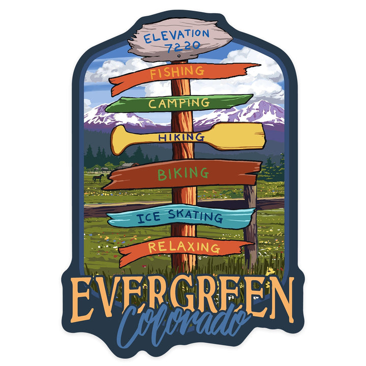 Evergreen, Colorado, Destination Signpost, Contour, Lantern Press Artwork, Vinyl Sticker Sticker Lantern Press 