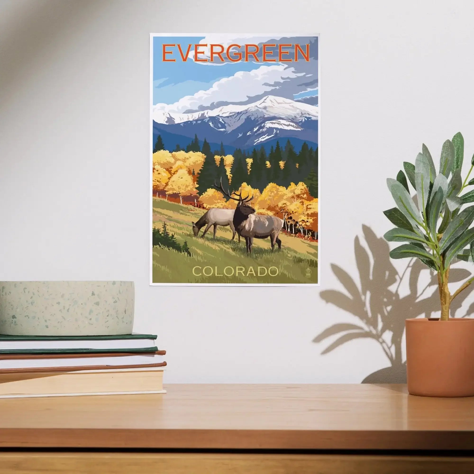 Evergreen, Colorado, Elk and Mountains art prints, metal signs