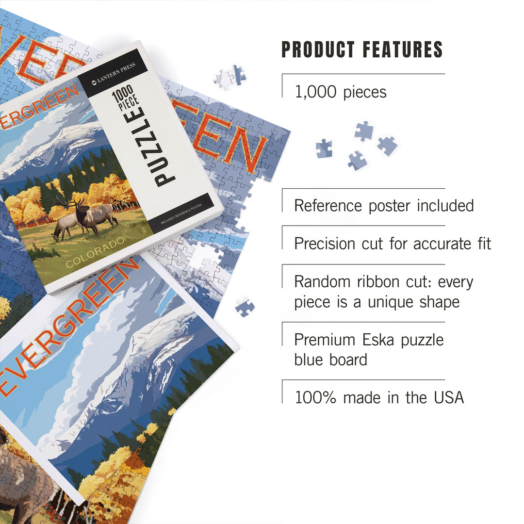 Evergreen, Colorado, Elk and Mountains, Jigsaw Puzzle Puzzle Lantern Press 