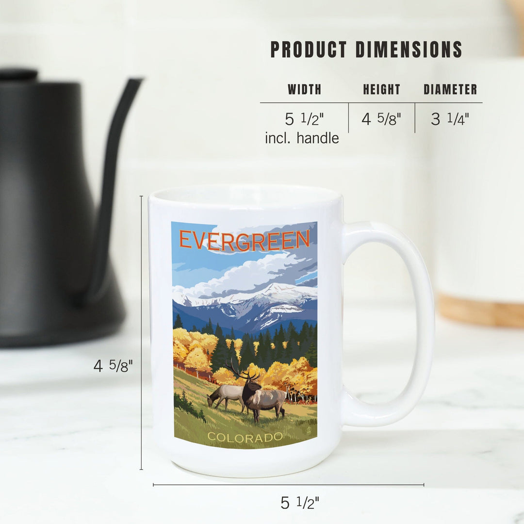 Evergreen, Colorado, Elk & Mountains, Lantern Press Artwork, Ceramic Mug Mugs Lantern Press 