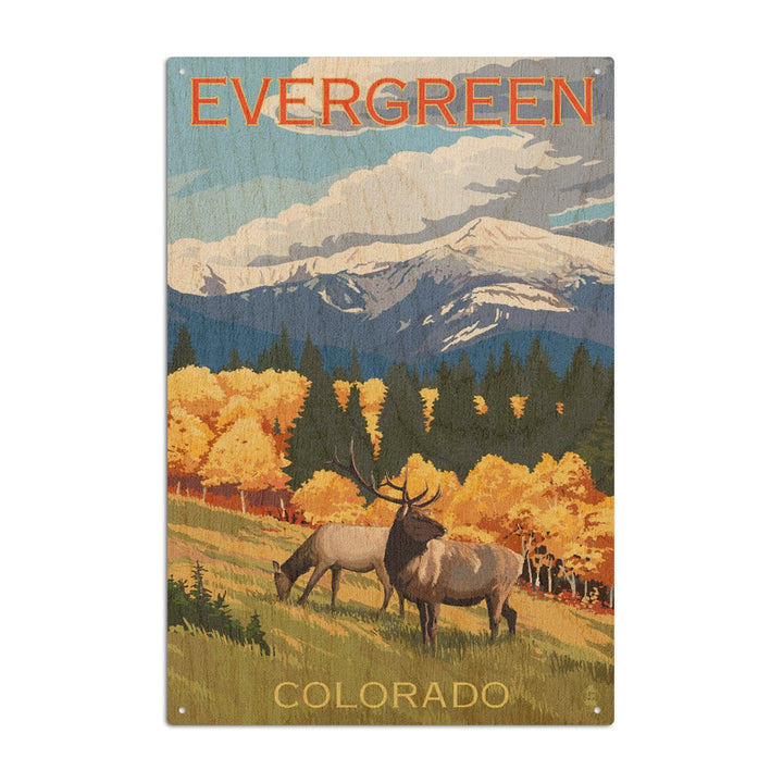 Evergreen, Colorado, Elk & Mountains, Lantern Press Artwork, Wood Signs and Postcards Wood Lantern Press 10 x 15 Wood Sign 