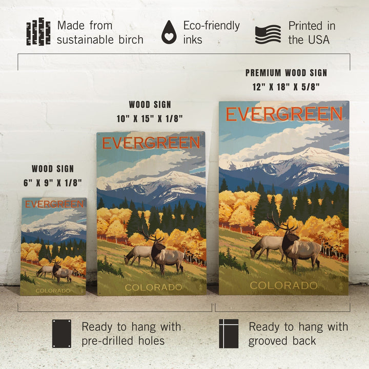 Evergreen, Colorado, Elk & Mountains, Lantern Press Artwork, Wood Signs and Postcards Wood Lantern Press 