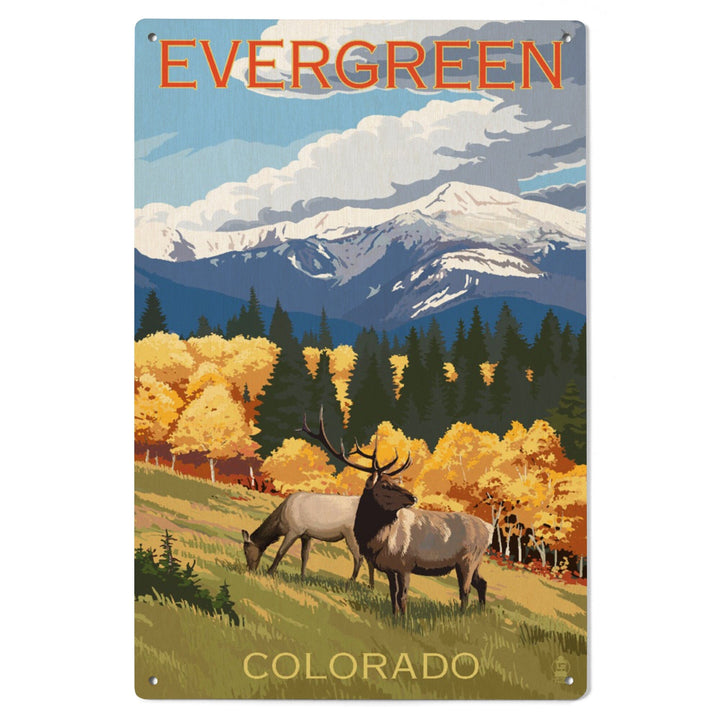 Evergreen, Colorado, Elk & Mountains, Lantern Press Artwork, Wood Signs and Postcards Wood Lantern Press 