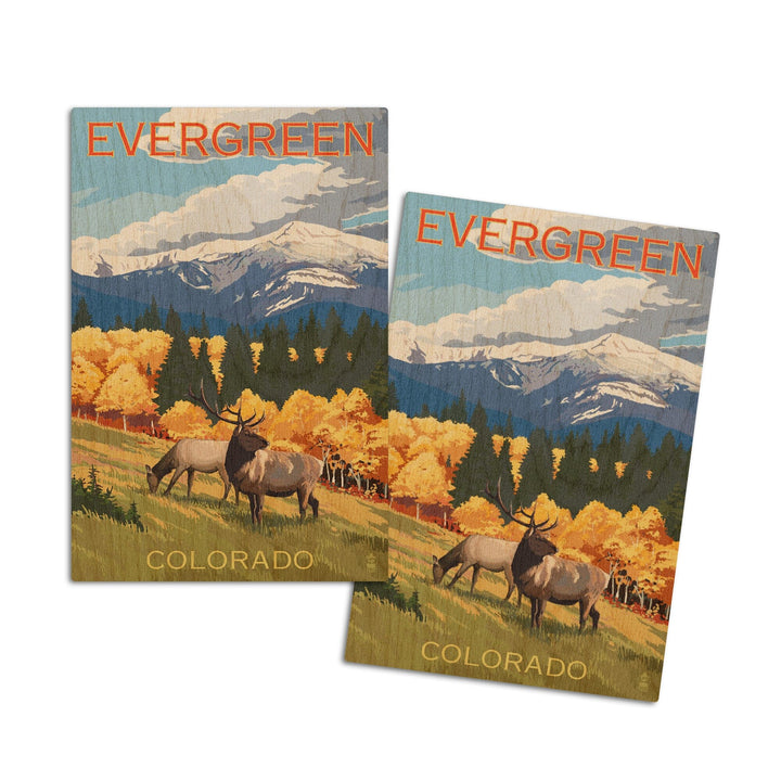 Evergreen, Colorado, Elk & Mountains, Lantern Press Artwork, Wood Signs and Postcards Wood Lantern Press 4x6 Wood Postcard Set 