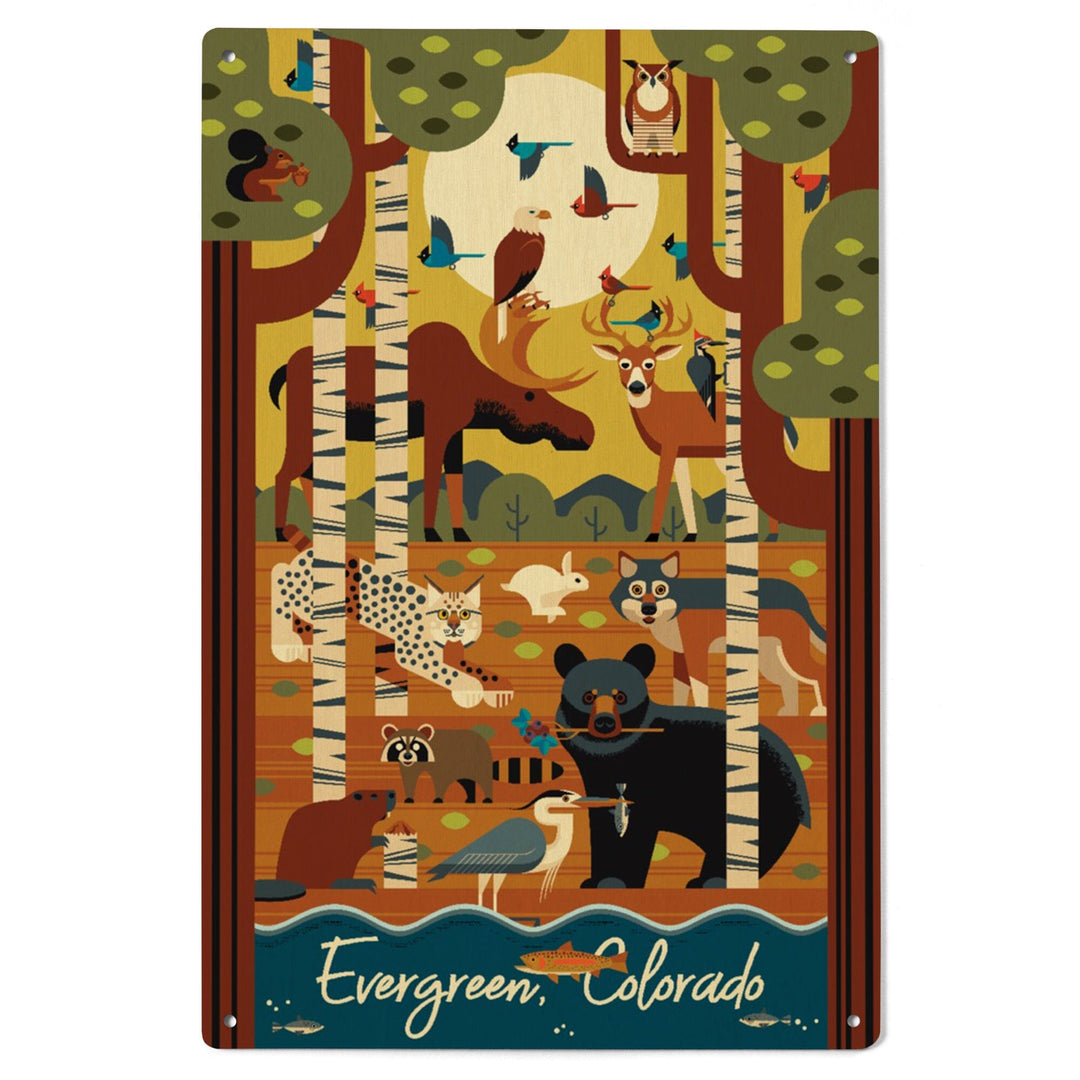 Evergreen, Colorado, Forest Animals, Geometric, Lantern Press Artwork, Wood Signs and Postcards Wood Lantern Press 