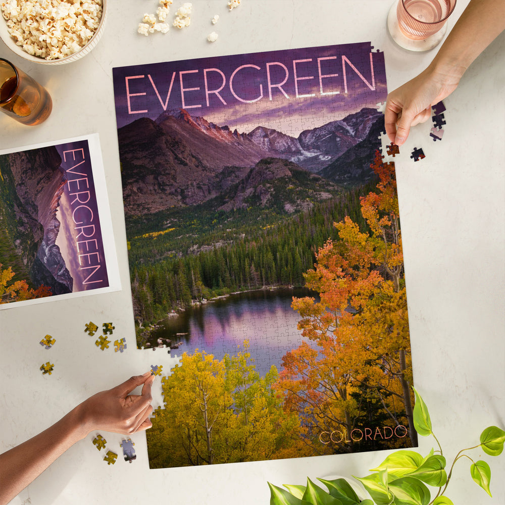 Evergreen, Colorado, Rocky Mountain National Park, Purple Sunset and Lake, Photography, Jigsaw Puzzle Puzzle Lantern Press 