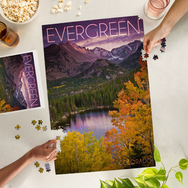 Evergreen, Colorado, Rocky Mountain National Park, Purple Sunset and Lake, Photography, Jigsaw Puzzle Puzzle Lantern Press 