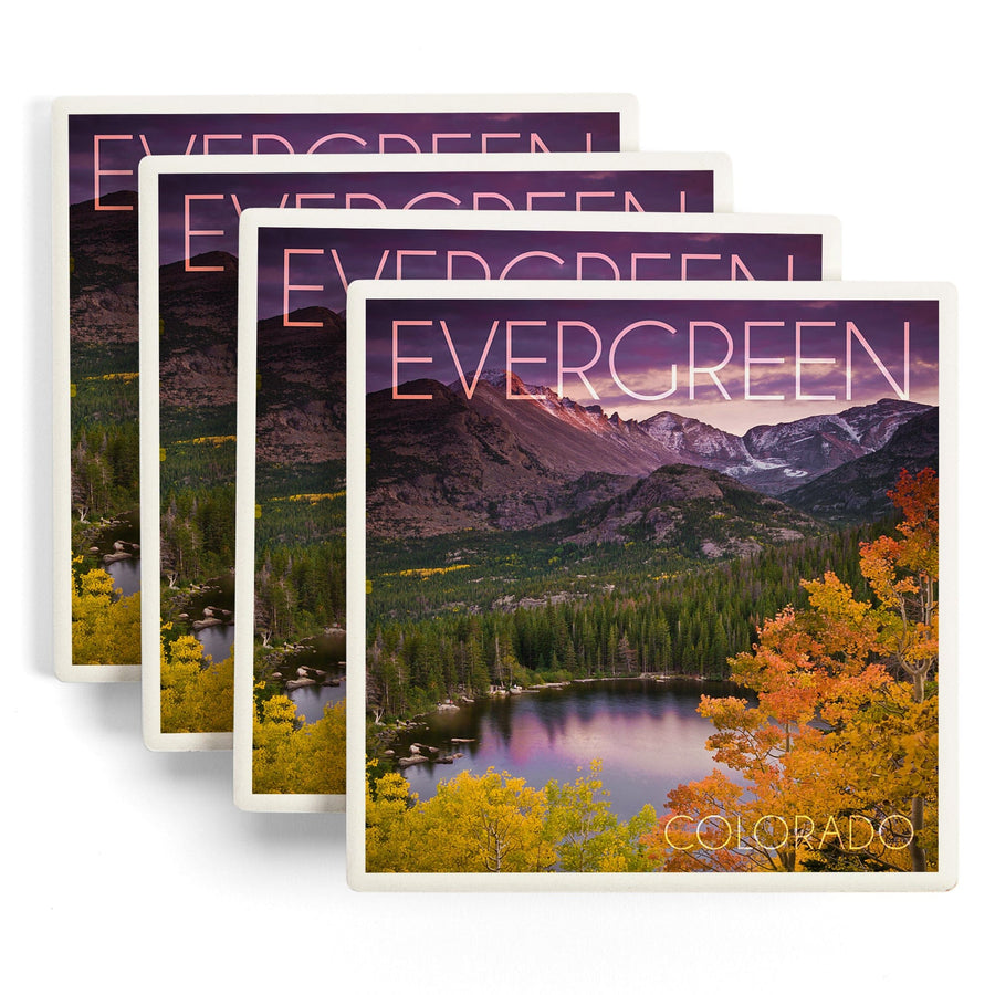 Evergreen, Colorado, Rocky Mountain National Park, Purple Sunset & Lake, Photography, Coaster Set - Lantern Press