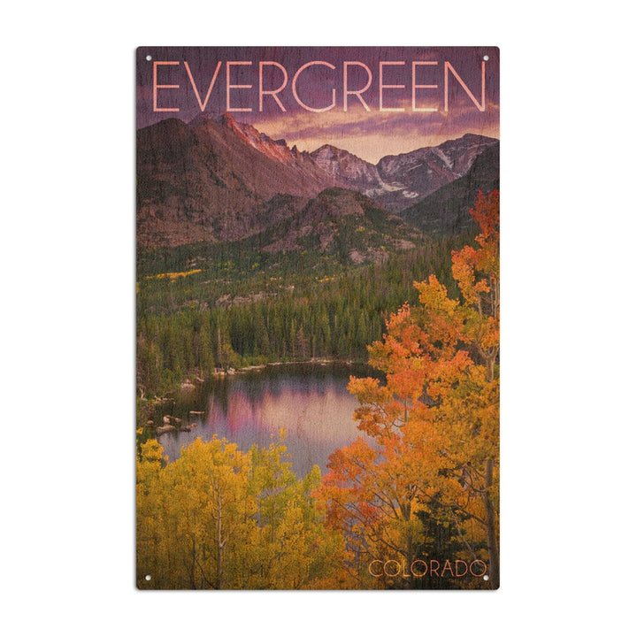 Evergreen, Colorado, Rocky Mountain National Park, Purple Sunset & Lake, Photography, Wood Signs and Postcards Wood Lantern Press 10 x 15 Wood Sign 