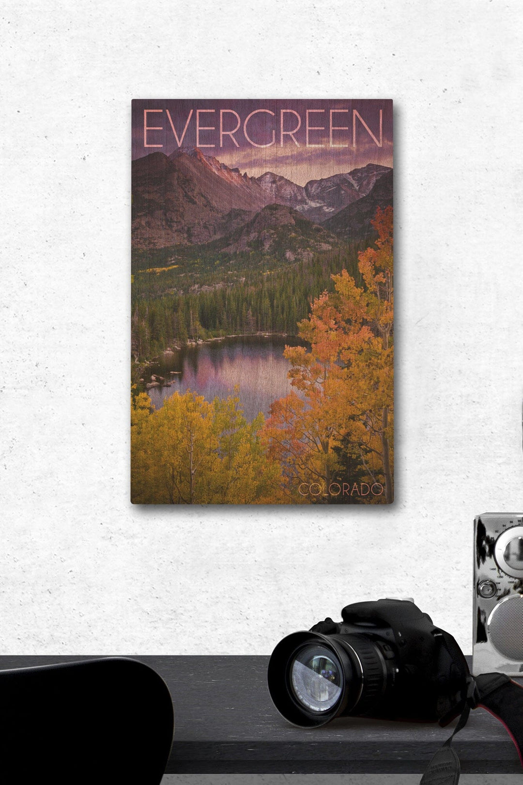 Evergreen, Colorado, Rocky Mountain National Park, Purple Sunset & Lake, Photography, Wood Signs and Postcards Wood Lantern Press 12 x 18 Wood Gallery Print 