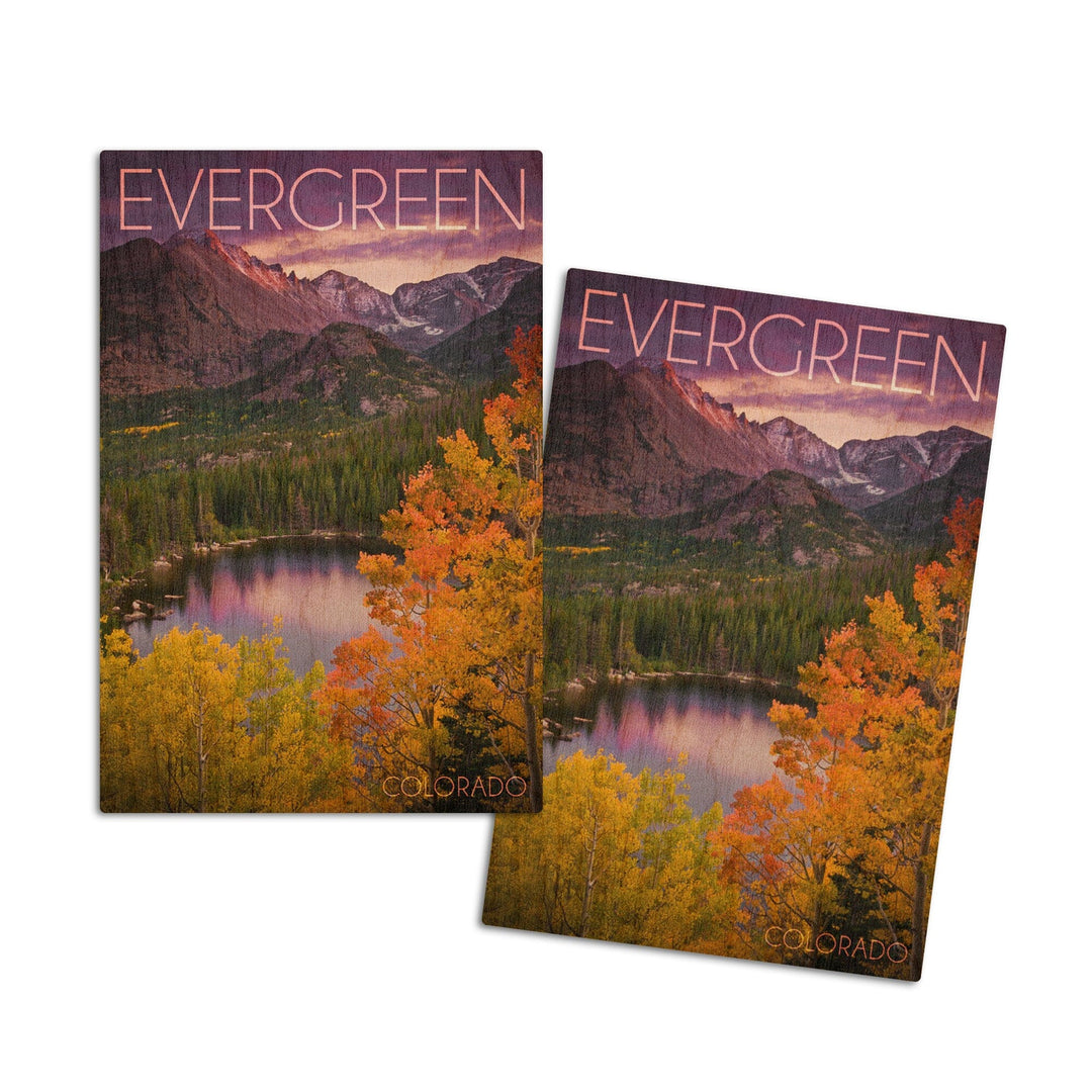 Evergreen, Colorado, Rocky Mountain National Park, Purple Sunset & Lake, Photography, Wood Signs and Postcards Wood Lantern Press 4x6 Wood Postcard Set 
