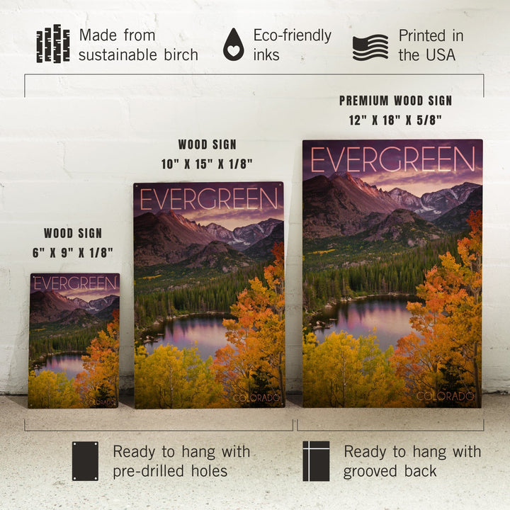Evergreen, Colorado, Rocky Mountain National Park, Purple Sunset & Lake, Photography, Wood Signs and Postcards Wood Lantern Press 