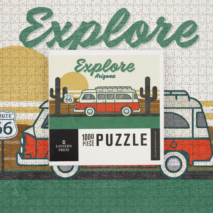 Explore, Arizona, Route 66, The Mother Road, Camper Van, Jigsaw Puzzle Puzzle Lantern Press 