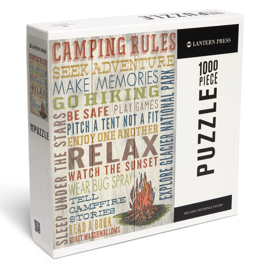 Explore Glacier National Park, Montana, Camping Rules, Rustic, Jigsaw Puzzle Puzzle Lantern Press 