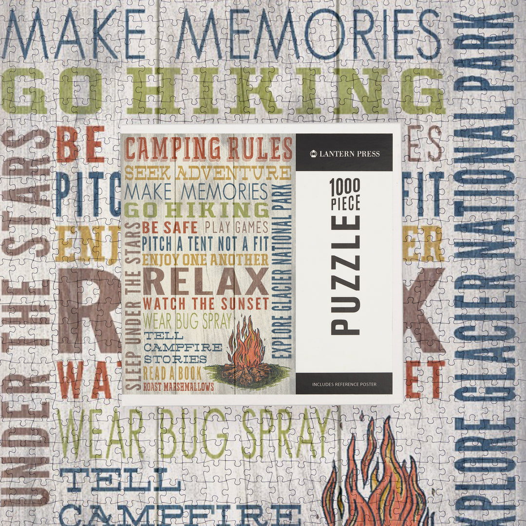Explore Glacier National Park, Montana, Camping Rules, Rustic, Jigsaw Puzzle Puzzle Lantern Press 