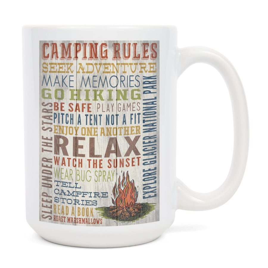 Explore Glacier National Park, Montana, Camping Rules, Rustic, Lantern Press Artwork, Ceramic Mug Mugs Lantern Press 