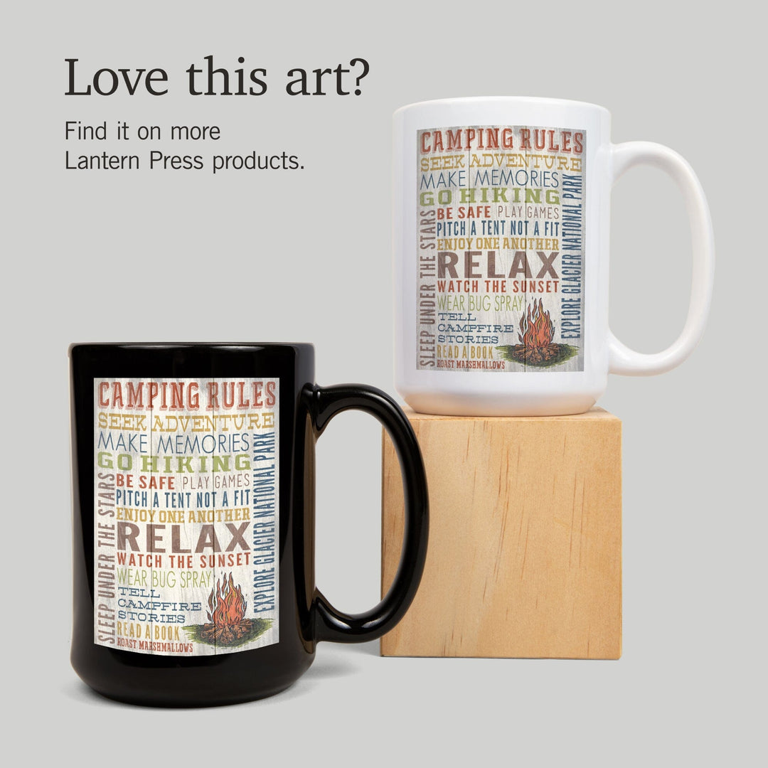Explore Glacier National Park, Montana, Camping Rules, Rustic, Lantern Press Artwork, Ceramic Mug - Lantern Press