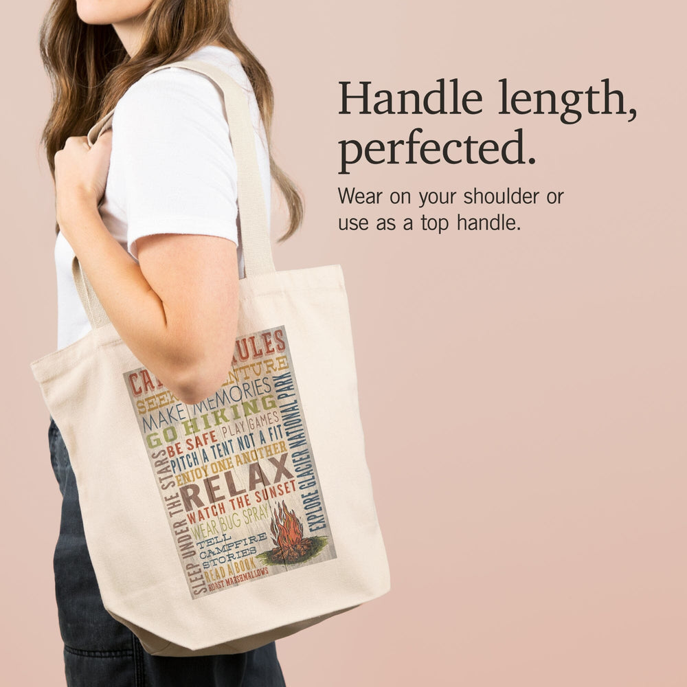 Explore Glacier National Park, Montana, Camping Rules, Rustic, Tote Bag Totes Lantern Press 