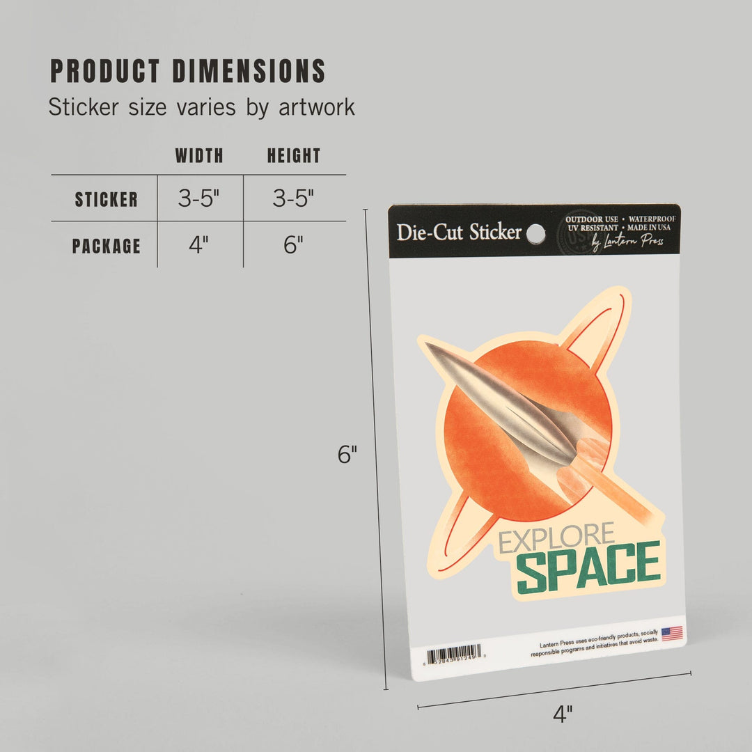 Explore Space, Retro Rocket, Contour, Vinyl Sticker Sticker Lantern Press 