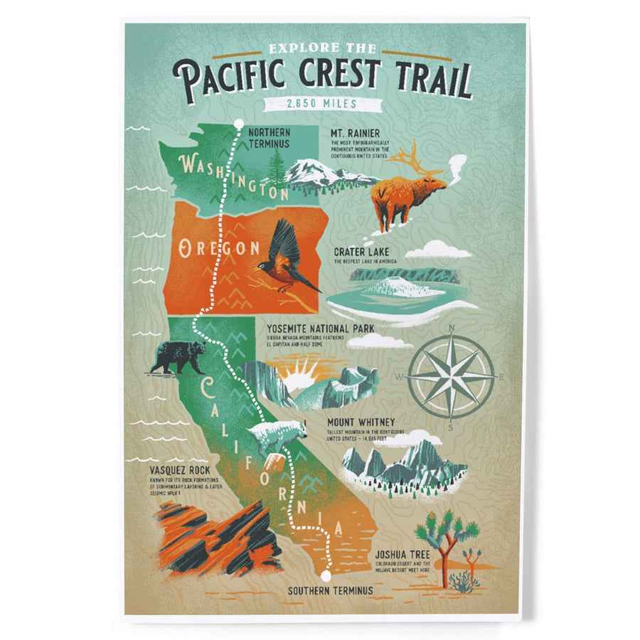 Explore the Pacific Crest Trail, Traveler's Map, Art & Giclee Prints Art Lantern Press 