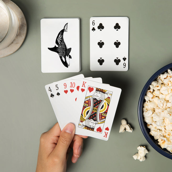 Playing Cards, Orca and Seattle Skyline, Double Exposure, 52 Card Deck with Jokers in Box, Unique Art