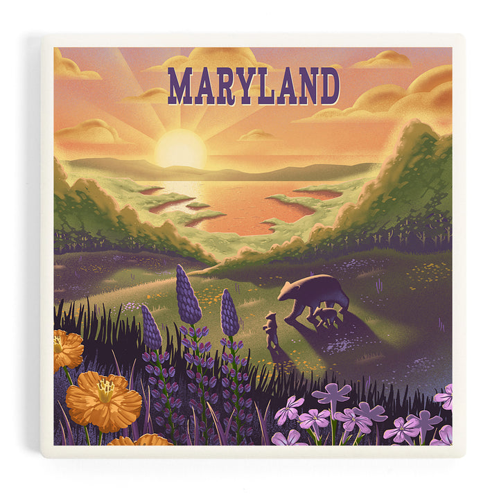 Maryland, Lithograph, Bear and Spring Flowers, Lake, Coasters