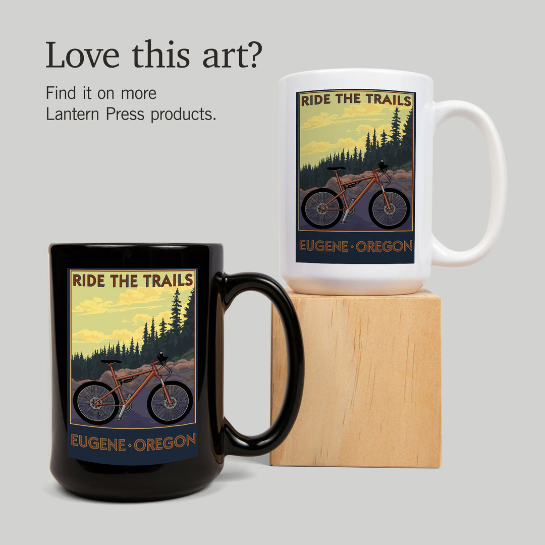 Eugene, Oregon, Ride the Trails, Lantern Press Artwork, Ceramic Mug