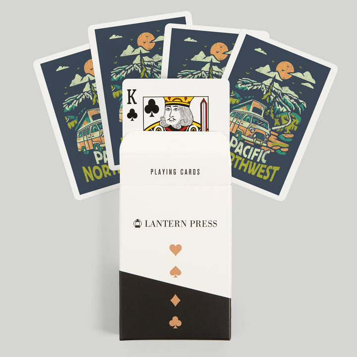 Playing Cards, Pacific Northwest, Distressed Vector, Camper Van in the Mountains, 52 Card Deck with Jokers in Box, Unique Art