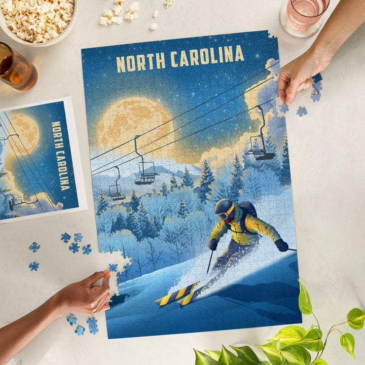 North Carolina, Lithograph, Night Ski, 1000 Piece Jigsaw Puzzle