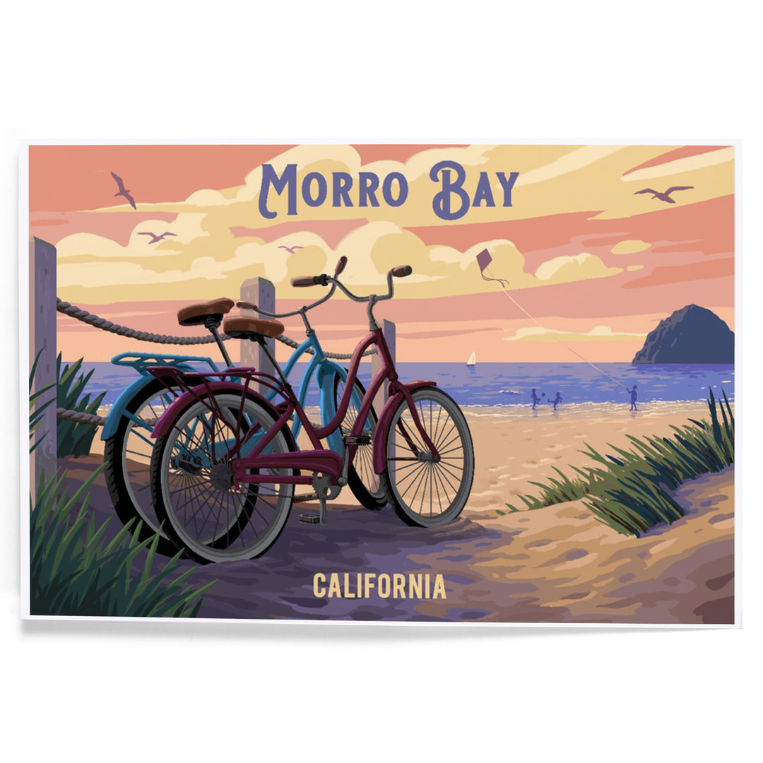 Morro Bay, California, Painterly, The Beach Is Calling, Beach Bikes art prints, metal signs