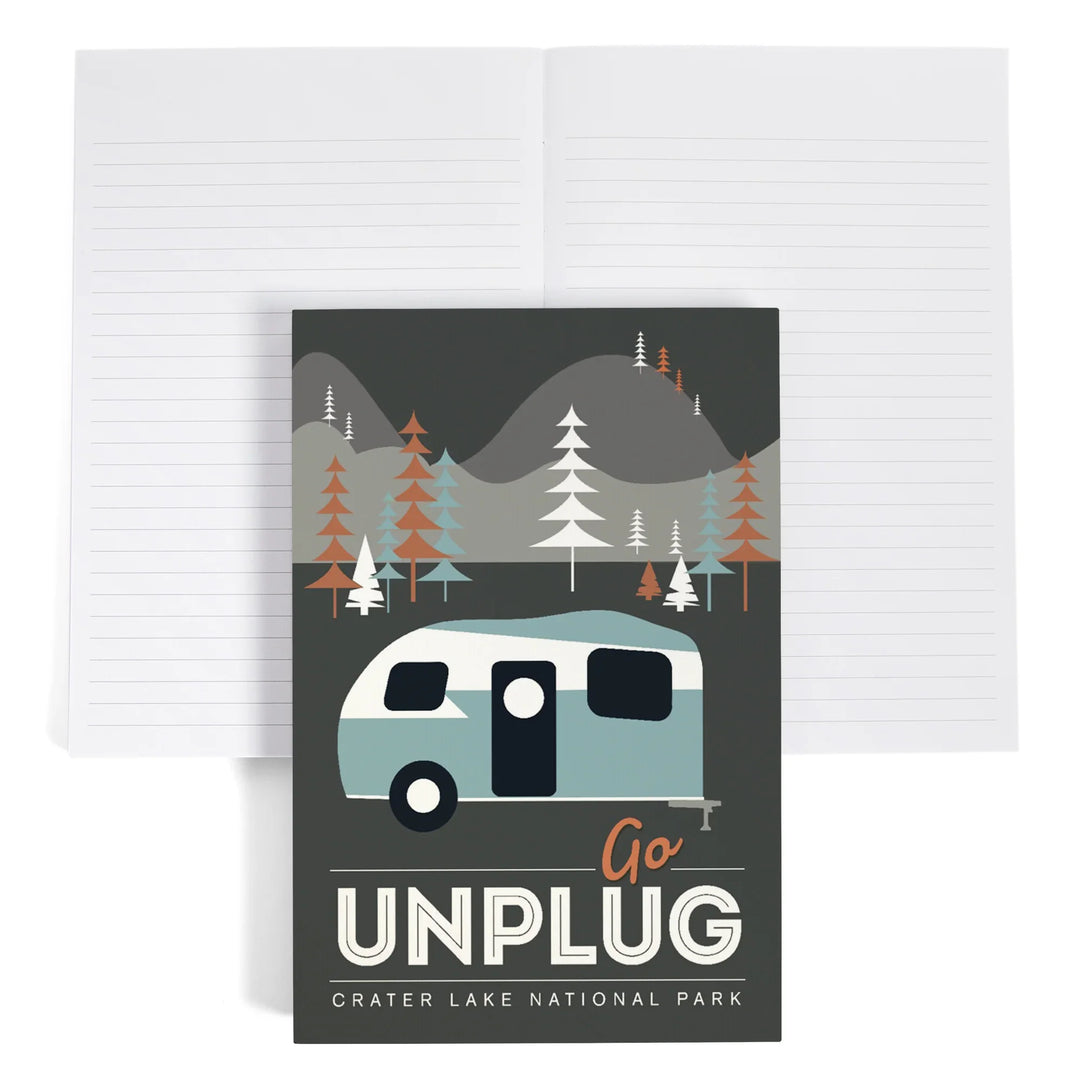 Lined 6x9 Journal, Crater Lake National Park, Go Unplug, Retro Camper, Lay Flat, 193 Pages, FSC paper