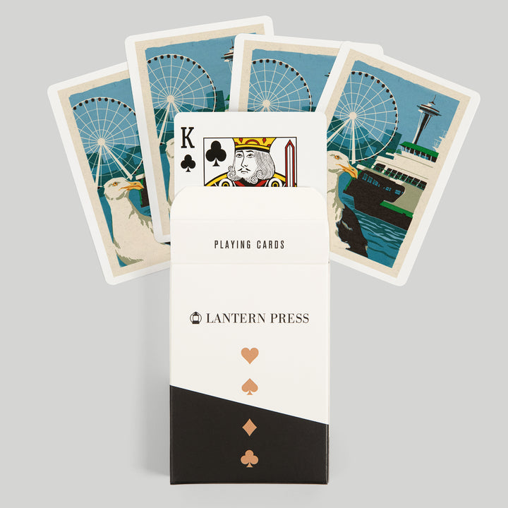 Playing Cards, Seattle, Washington, Woodblock City Series, Waterfront, 52 Card Deck with Jokers in Box, Unique Art